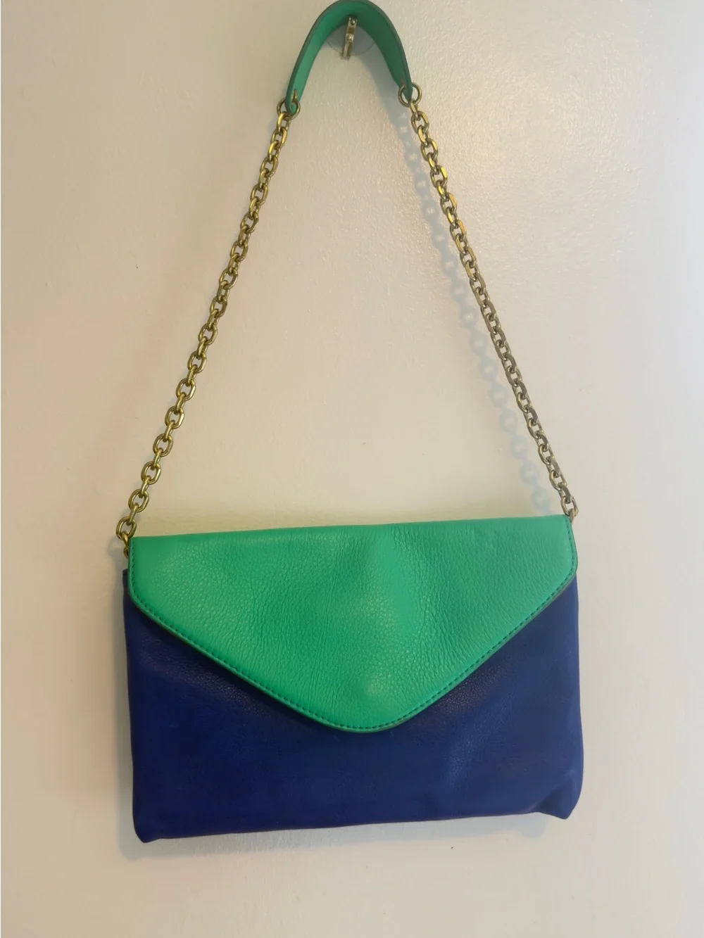 J.Crew Invitation Pebbled Leather Colorblock Envelope Clutch Chain Bag Blue Gree